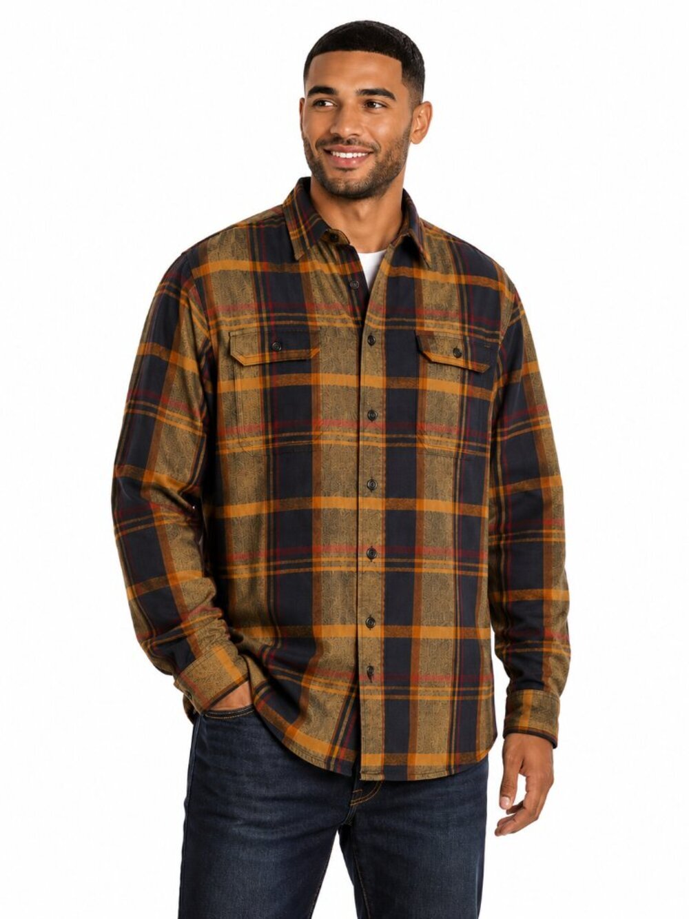 Orvis Mens Adams Plaid Brown Flannel Shirt Cotton Collar and Cuff Lining